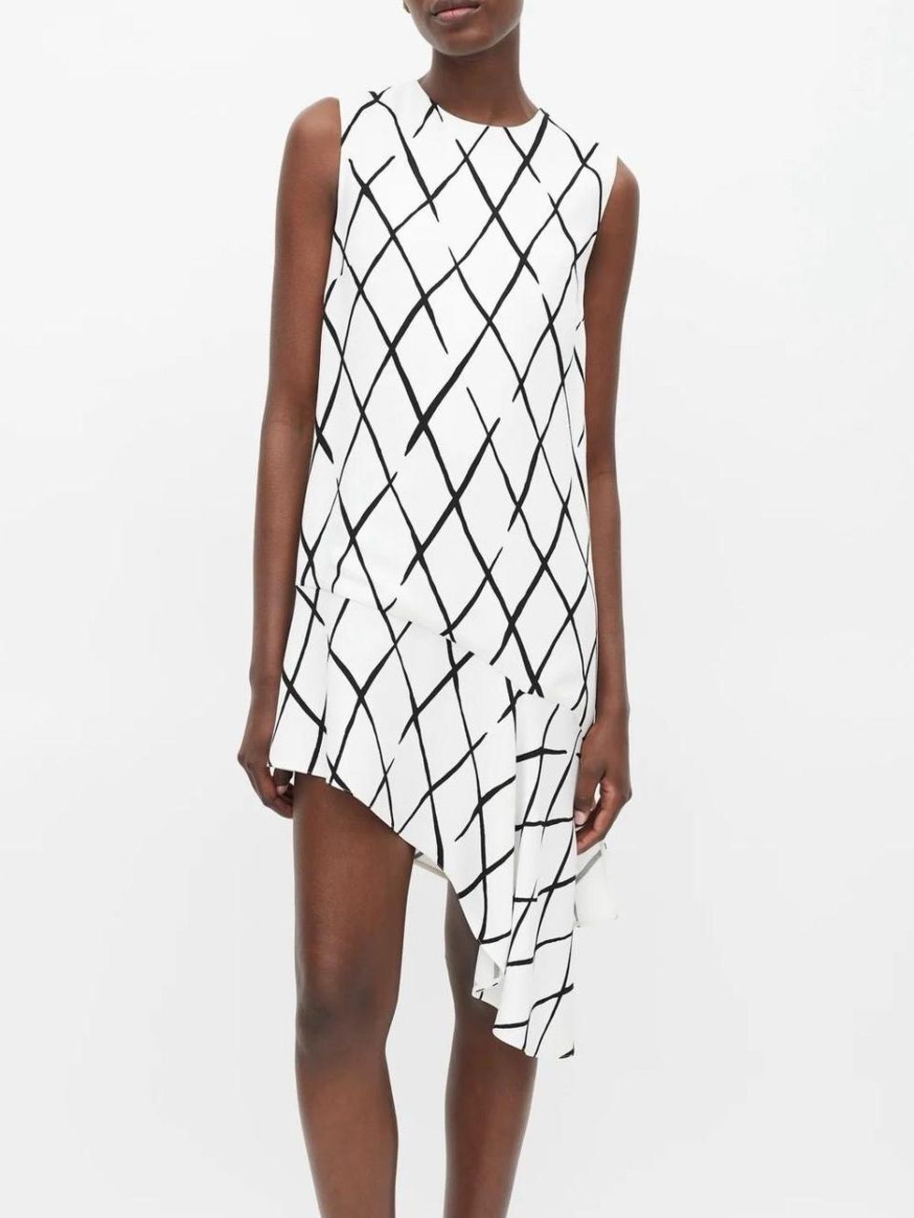 Balenciaga White Dress with Black Grid Asymmetrical Hem